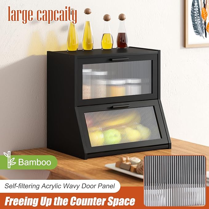GHWIE Double Layer Bamboo Bread Box for Kitchen Counter,Large Capacity Storage Bin with Acrylic Wavy Door Panel (Black, Extra Large)