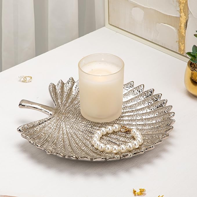 Silver Leaf Decorative Serving Tray for Table Centerpiece 10"+12" Ceramic Leaf-Shaped Trinket Dish, Candle Tray, Vanity Organizer, Coffee Table Decor, Modern Glam Home Decor, Gifts for Women