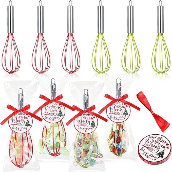 6 Sets 8 Inch Christmas Whisks Gifts DIY Fillable Christmas Tree Ornaments Xmas Colored Silicone Whisks for Cooking Heat Resistant Egg Beaters with Card Rope Bag for Candy Holder