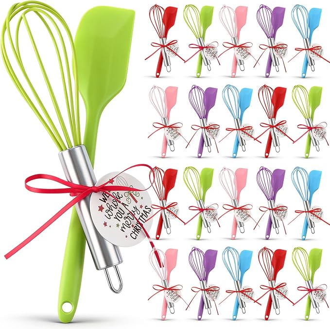 60 Pcs Christmas Baking Tool Gifts Sets Include 8 Inch Silicone Whisk Spatula and Xmas Greeting Cards Ribbon Wired Stainless Steel Whisk Set for Women Men Christmas Stuffers Gift