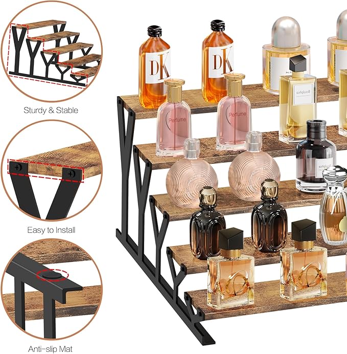 KALYLOC 5 Tier Wooden Display Riser Stand 13.8 Inch Metal Step Cologne Stand Perfume Organizer Tabletop Tiered Display Shelf Rack for Cupcake Spice Figures Cosmetics Candles (Brown, Y-Shape)