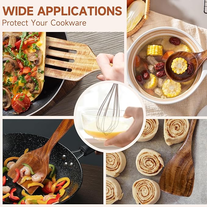 4 Pcs Wooden Spoons for Cooking-Non Scratch Cooking Utensil Set Natural Solid Wood Material Teak Wooden Kitchen Utensil Set-Spatulas，Fried Spatula，Slotted Spatula，Ladle