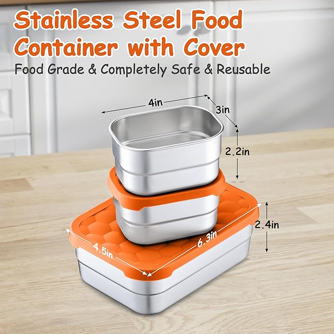 Homikit 3 Pack Kids Lunch Box Set, 18/10 Stainless Steel Bento Boxes with Silicone Lids Leak Proof, 5 Cups Reusable Metal Food Snack Containers for School Daycare, Nontoxic & Dishwasher Safe, Orange