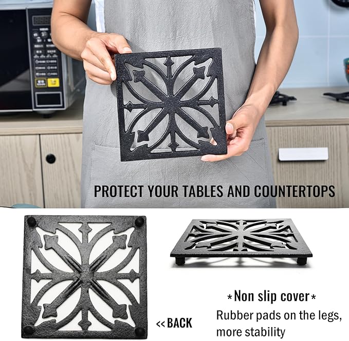 Sungmor Heavy Duty Cast Iron Square Metal Trivet,Rustproof Black Racks Stands Holders for Hot Pans or Teapot,Kitchen or Dinning Table Decorations