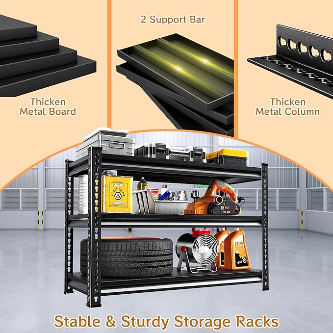 48''W Utility Garage Shelves: 1,500Lbs Heavy Duty Steel Metal Adjustable Shelving Storage Industrial Rack Units 3 Tier Black 48" W x 16" D x 36" H