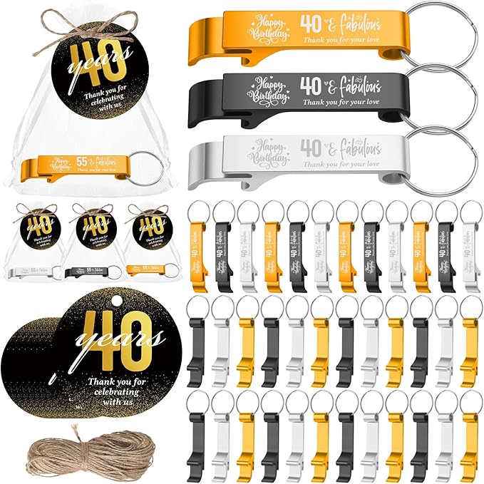 Dandat 54 Sets 40th Birthday Party Favors for Guests Birthday Beer Opener Keychain Cheers to 40 Bottle Opener Keychain with Thank You Cards and Gift Bags for Anniversary Wedding Party Favors