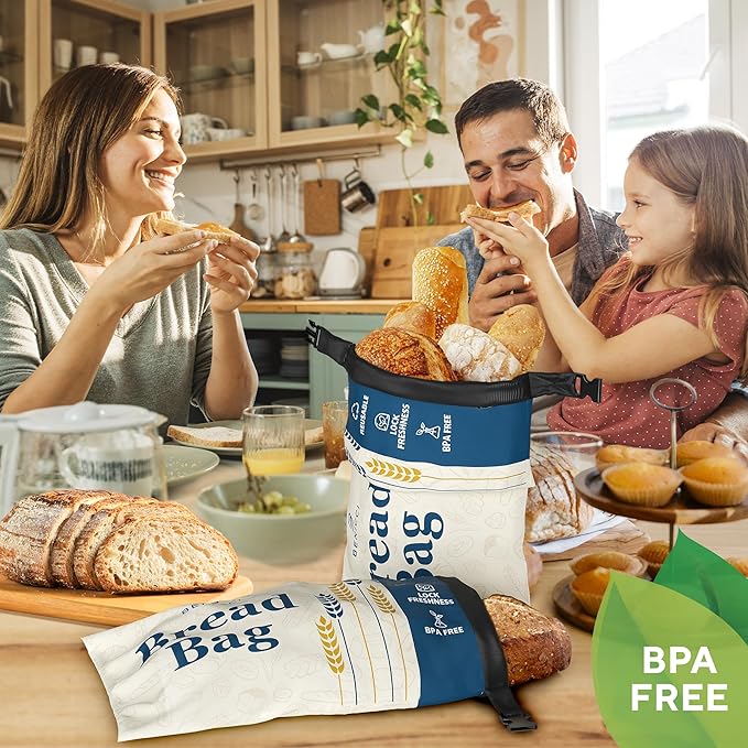 2 Pack Reusable Bread Bags - Perfect To Store Homemade Sourdough Loaf Breads - Special Double-Lock for Longer Freshness - Extra Large Food-Grade Bags - Freezer-Safe Bags for Bread Lovers