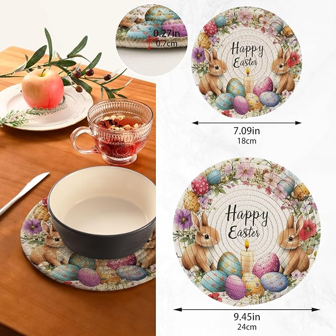 Watercolor Easter Wreath Bunnies Kitchen Trivets Pot Holders Set of 2, Trivets for Hot Pots Dishes Woven Trivet Coaster Pad Mat for Counter