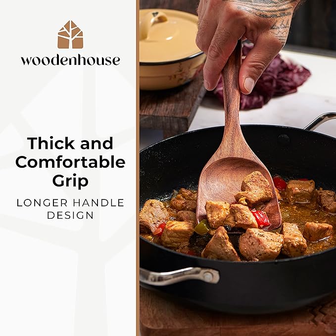 Wooden Spoons for Cooking – Wooden Cooking Utensils Set with Holder, Spoon Rest & Hooks, Teak Wood Nonstick Kitchen Cookware – Durable Set of 12pcs by Woodenhouse - Unique Kitchen Gifts for Women Men