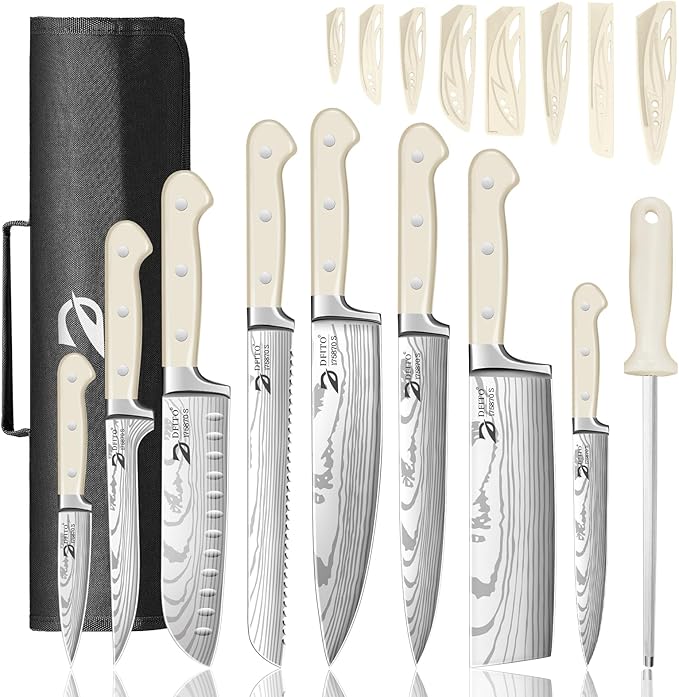 Dfito Chef Knife Set with Roll Bag, 9 Piece Professional Stainless Steel Japanese Kitchen Knife Set with Ergonomic Handle for Professional Chef, Dishwasher Safe, Camping, Travel, BBQ, RV or Gift Beige