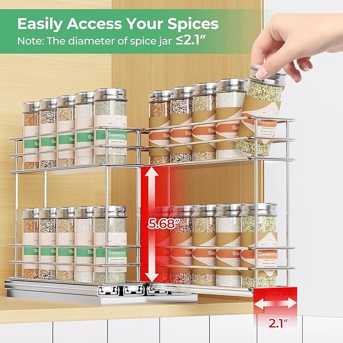 Pull Out Spice Rack Organizer for Cabinet, Slide Out Spice Racks, Easy to Install Spice Cabinet Organizer, 2.1''Wx10.35''Dx8.26''H, 2 Drawers 2 Tiers(Silver)