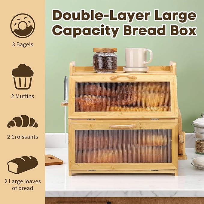 Bread Box for Kitchen Countertop, Large Bread Storage Container for Homemade Bread, Bamboo Farmhouse Organizers, Double Layer Bread Bin with Acrylic Window Holder,Natural