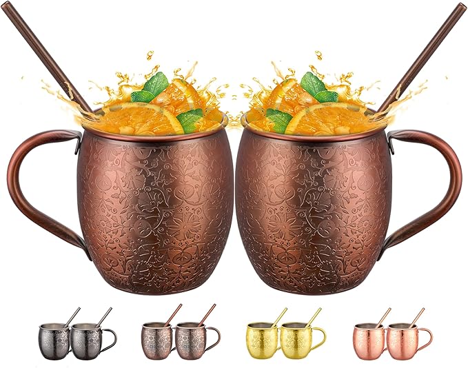 Moscow Mule MugsSet of 2-18 Oz Copper-Plated Fine Craftsmanship Etched Mugs,304 Stainless Steel-Lined Mule Cups,For Cold Drinks, Beer, Wine, Bars, Parties