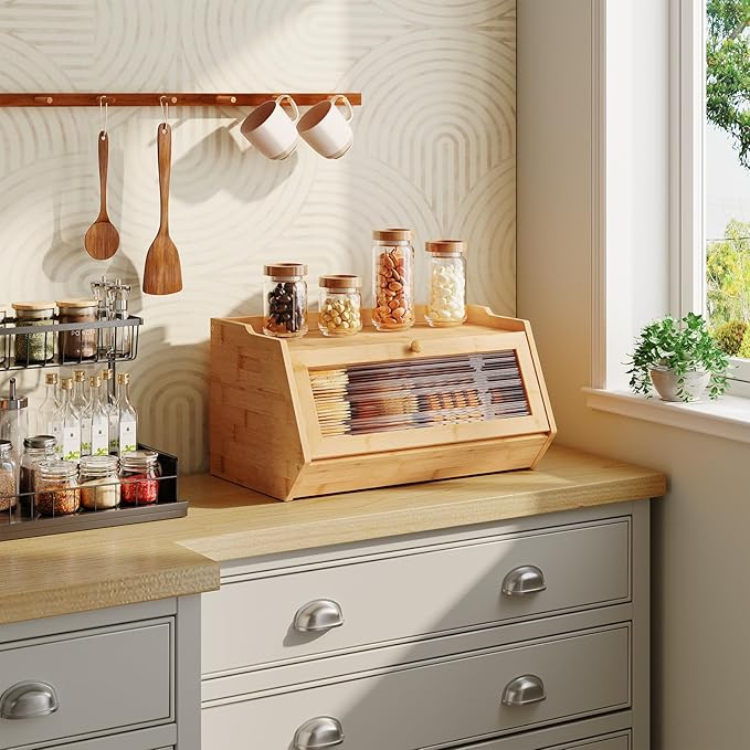 HOOBRO Large Bread Box, Bamboo Bread Box for Kitchen Countertop, Farmhouse Bread Storage Box with Acrylic Window, Bread Holder with Drop-Down Door, for Food Storage, Natural YL30MB01