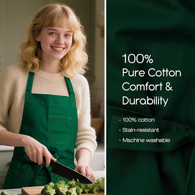 Unisex Apron with Pockets for Cooking, Salon & Art - 100% Cotton Adult Kitchen, Chef, Stylist Apron (Green)