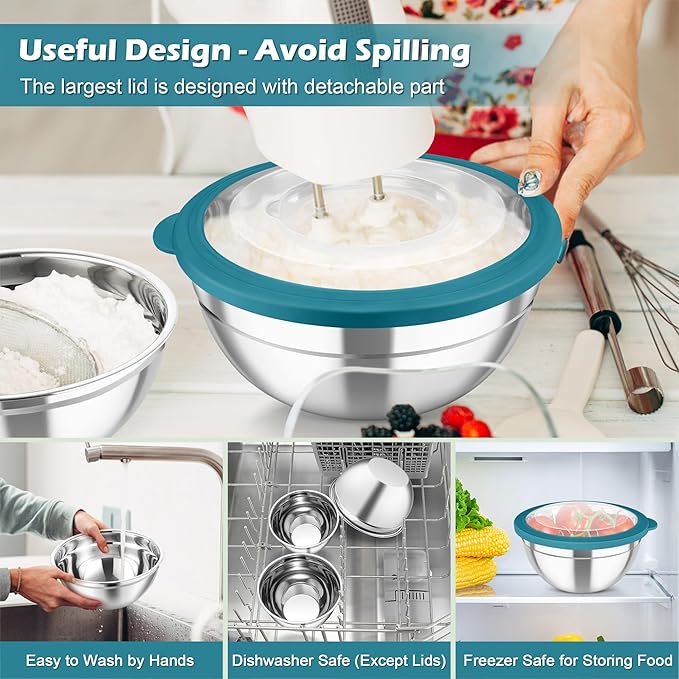 TeamFar Mixing Bowls, 3PCS Stainless Steel Serving Salad Bowls with Lids & 3 Graters, For Kitchen Mixing/Baking/Storing/Prepping, Visible & Airtight, Easy Clean - 4.5/3 / 1.5 QT, Dark Blue