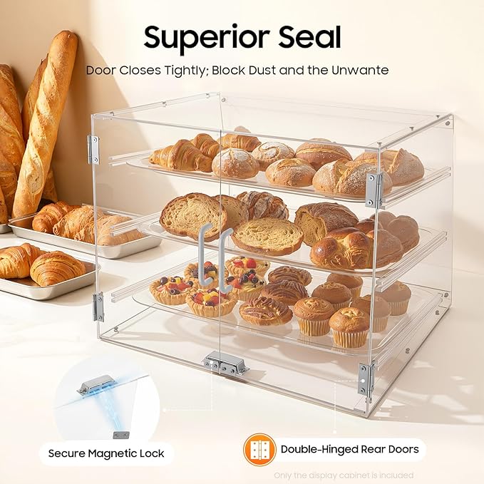 Pastry Display Case, 3-Layer Bread Box For Kitchen Countertop, Clear Bread Storage Container with Magnetic Door, Large Bread Holder Bakery Display Case for Bagel Muffins, 21.3x17.3x16.5 Inch