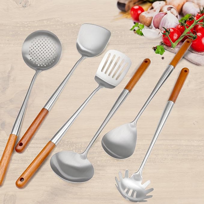 16.6 inch Stainless Steel Kitchen Utensils Set with Wood Handle, 6pcs Long Metal Cooking Utensils Set for Commercial Includes Wok Spatula, Ladle, Skimmer, Slotted Turner, Spoon(Large)