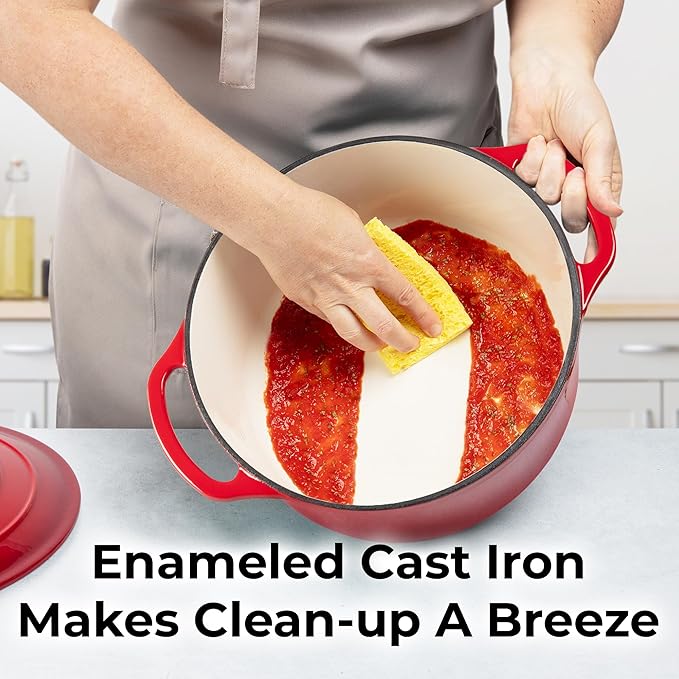 Zulay Kitchen 7.7 Quart Enameled Cast Iron Dutch Oven Pot with Lid – Premium Durability & Oven Safe up to 500°F – Heavy Duty Cookware Perfect for Bread Baking, Stews, Braising & Roasting – Red