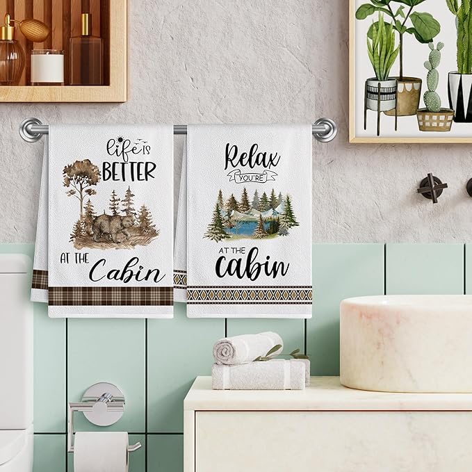 pinata Cabin Decor, Log Cabin Kitchen Towels Set of 4, Rustic Farmhouse Dishes Hand Towels for Home Kitchen Housewarming Gifts