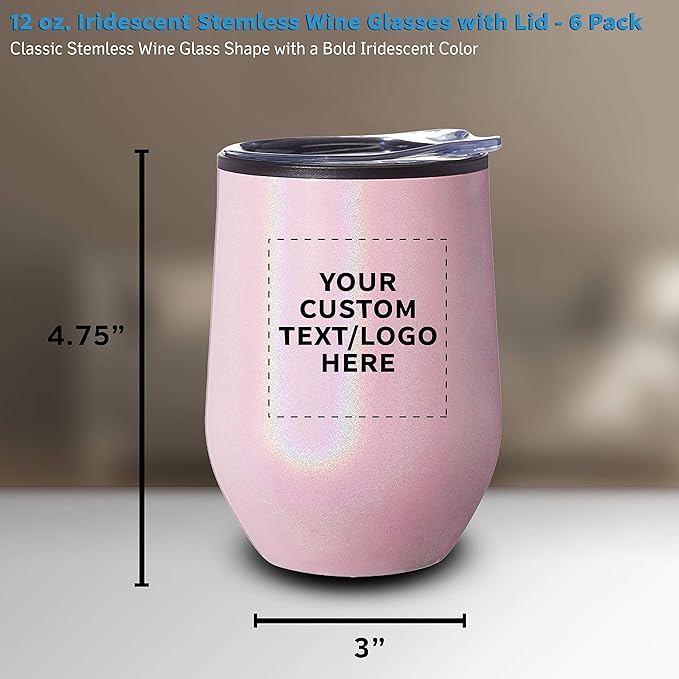 Custom Palmera Stemless Wine Tumblers with Lids 12 oz. Set of 6, Personalized Bulk Pack - Perfect for Wine, Cocktails, Other Hot & Cold Beverages - Iridescent Pink