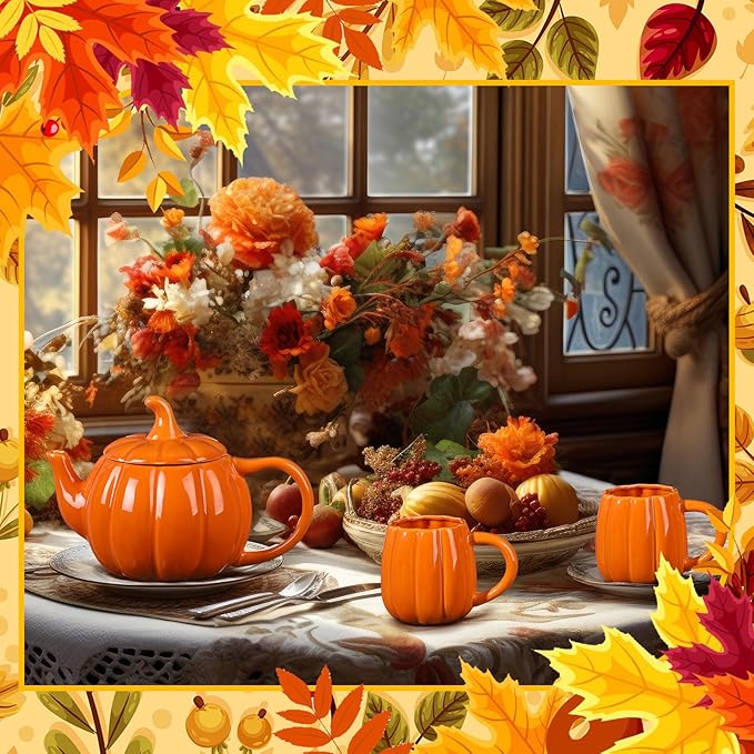 Mimorou Thanksgiving Pumpkin Tea Set Ceramic Teapot with 2 Mugs and Tea Mug Orange Ceramic Pumpkin Shaped Teapot Set for Thanksgiving Halloween Christmas Birthday Gift