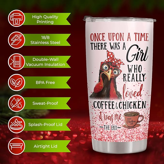 34HD 20oz Coffee Tumbler – Funny Chicken Lover Gift for Women – Stainless Steel Insulated Travel Mug with Lid – Crazy Chicken Lady Cup Christmas Gift