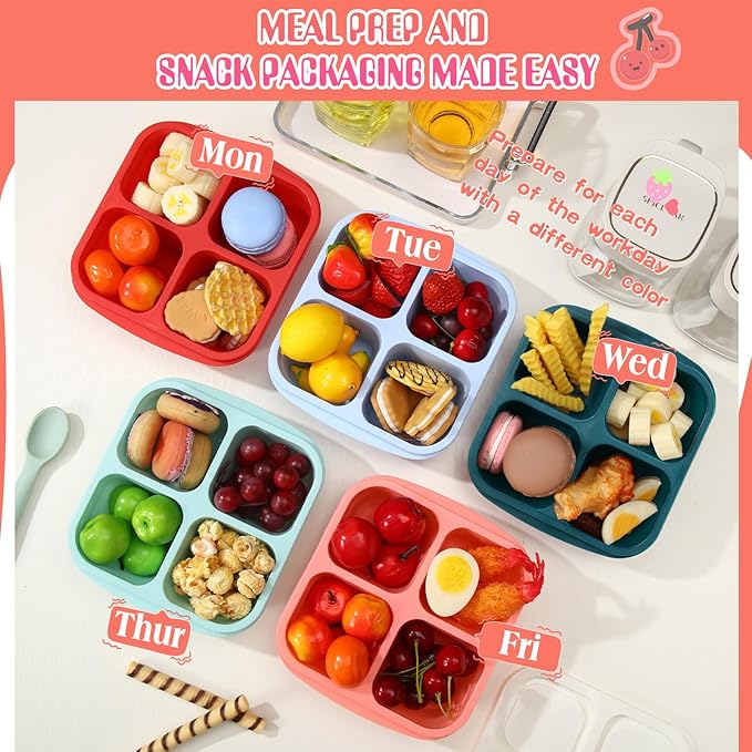 Honeydak 5 Pack Snack Containers 4 Compartment Bento Snack Boxes Reusable Lunchable Containers with Lids Divided Meal Prep Lunch Food Storage Box for School Work Travel(Melon,Equal)
