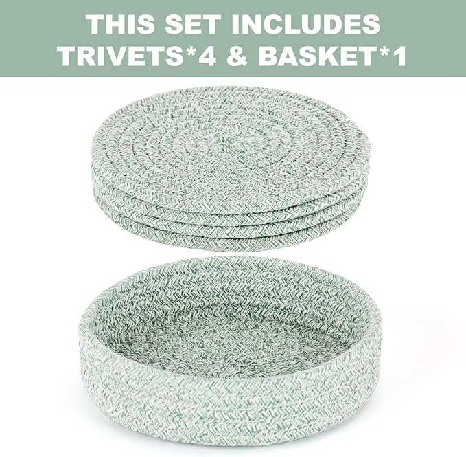 Trivets for Hot Dishes, Pots and Pans, Heat Resistant Hot Pads with Storage Basket, Pot Holders for Kitchen Countertop, Trivet Mats Home Essentials Farmhouse Decor (Green 4 Pcs)