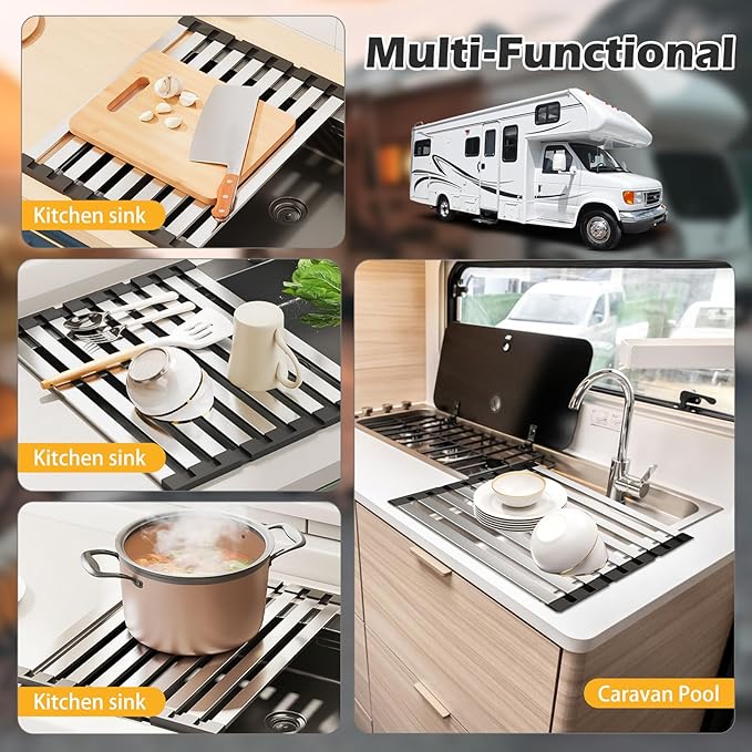 17.7"*12.8" Foldable Dish Drying Rack Thickened & Widened Over Sink Dish Drying Rack High-Temperature Resistant Removable Sink Storage Rack 304 Stainless Steel Drainer for Kitchen and Rv sink