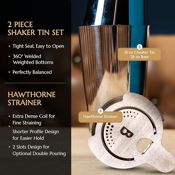 5 Piece Cocktail Kit by Bull In China - Premium Bartender Gift Set Includes Weighted 2 Piece Boston Shaker, Hammered Bell Jigger, Hawthorne Strainer & Fine Mesh Strainer (Stainless Steel)