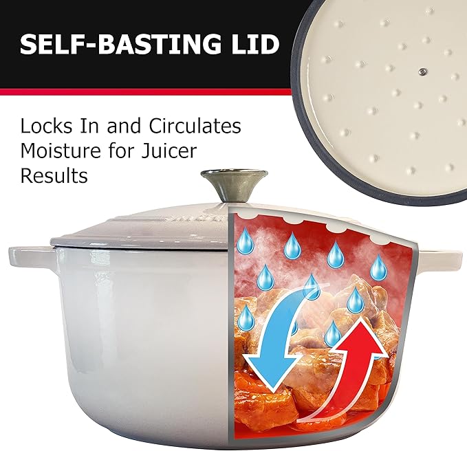 Mueller 6qt Enameled Cast Iron Dutch Oven, Heavy-Duty Casserole and Braiser Pan with Lid and Knob, Oven-Safe up to 500° F & Across All Cooktops, White