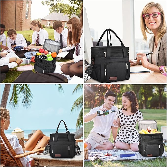 LOKASS Lunch Bag& Lunch Box for Men Women Double Deck,Large Insulated Adult Lunch Box Leakproof Lunchbox Cooler Bag for Work Picnic Beach,（Black,16L）