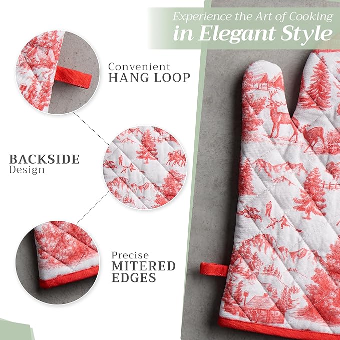 Maison d' Hermine Oven Gloves 100% Cotton Oven Mitt 7" x 13" with Loop Heat Resistant BBQ Cooking Gloves for Thanksgiving Christmas Decorations Baking Handling Hot Pans (Pack of 1, Winter Jouy)