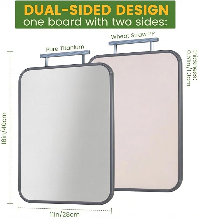 Titanium Cutting Boards for Kitchen, Non Toxic 2-in-1 Cutting Board Double Sided, Food Grade Pure Titanium and Wheat Straw PP, Easy to Clean Large Size 16”×11”
