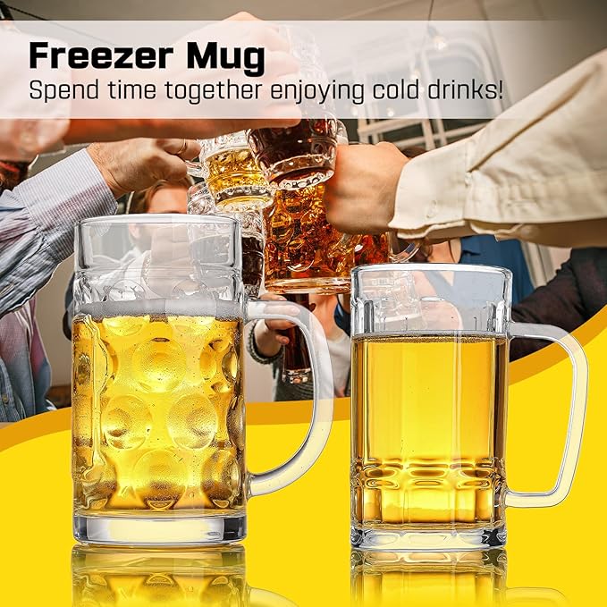 Freezer Beer Mugs, 20 oz Large Heavy Glass Mugs with Handles Set of 2, Clear Large Beer Steins for Tea, Coffee, Lead-Free Glasses Oktoberfest Style, Best Gifts for Dad Husband or Friend