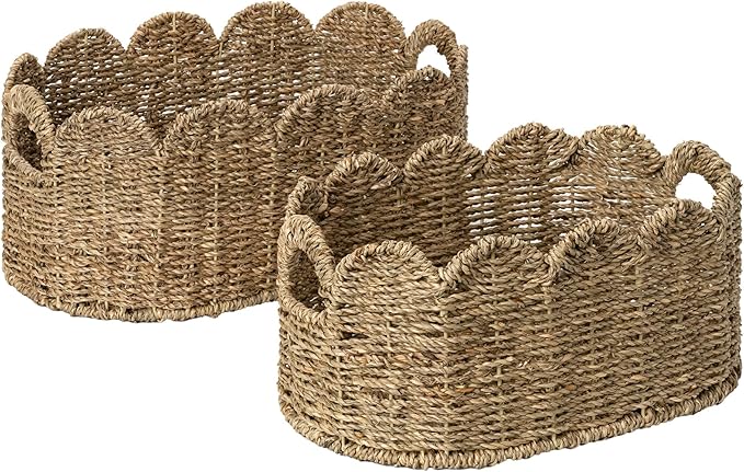 StorageWorks Scalloped Wicker Basket, Hand-woven Rattan Baskets with Built-in Handles, Cute Baby Basket for Nursery, Seagrass Baskets for Organizing and Decor, 2 Pack