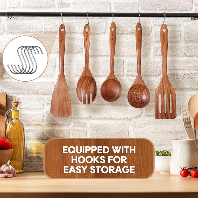 Wooden Spoons for Cooking, 8 PCS Teak Wood Cookware Utensil Set with Hooks - Smooth Finish, Non-Stick, Comfort Grip Cooking Spoons and Utensils Holder