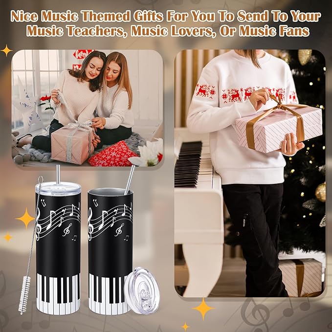 Umigy 2 Pieces Piano Gift Tumbler with Lid Straw and Brush, 20 oz Musical Notes Travel Mug Stainless Steel Coffee Mug for Christmas Music Lovers Singers Teacher Birthday Gifts