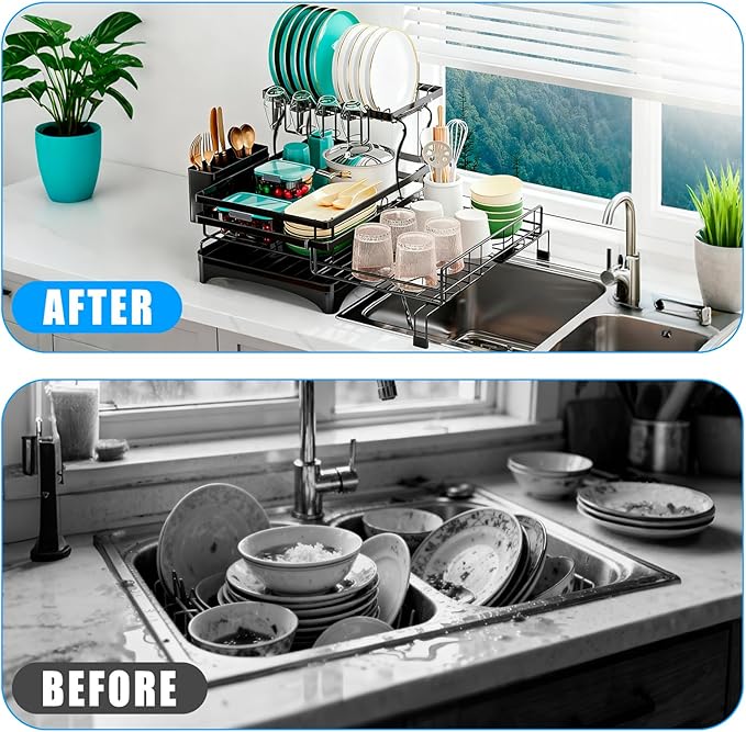 Extendable 2 Tier Stainless Steel Dish Drying Rack | Large Over-The-Sink Rust-Resistant Rack | High Capacity with Utensil Holder | Efficient Kitchen Counter Organization & Space Saving