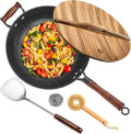 WANGYUANJI 14.2 Inch Cast Iron Wok with Wooden Lid and Stainless Steel Spatula, Large Capacity Flat Bottom Chinese Stir Fry Pan, Non-Toxic Uncoated Cast Iron Wok for Induction, Gas and Electric Stoves