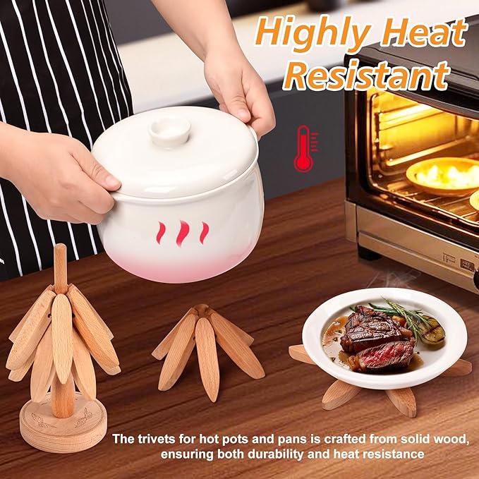 Trivets for Hot Dishes，Tree Shape Trivet Set,5 Wooden Trivets + 1 Stand， Heat-Resistant Foldable Wooden Tree Trivet Set for Pot、Bowl、Teapot、Hot Pot Holder