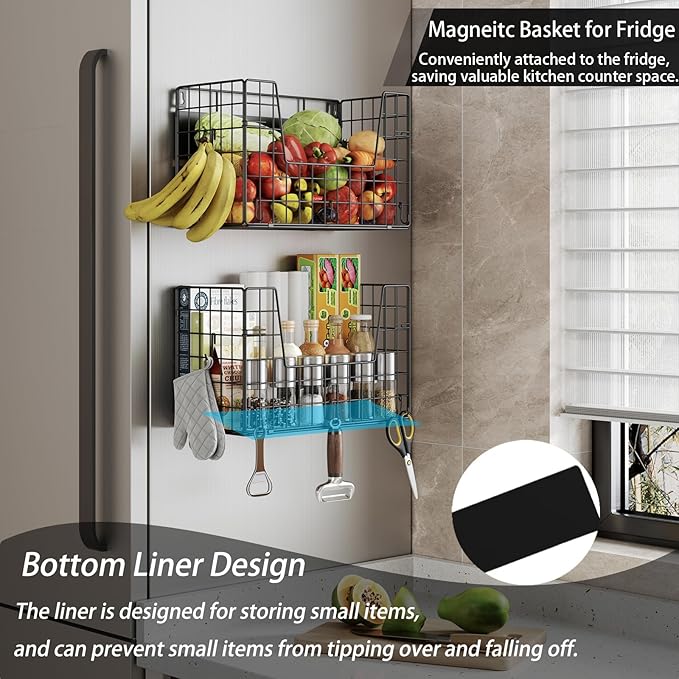 Magnetic Fridge Basket Storage Organzier for Fruit & Wrap, Magnetic Shelf for Side of Refrigerator for Kitchen,Laundry (1 Pack)