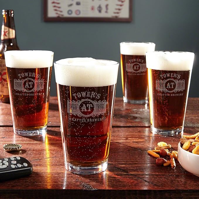 HomeWetBar Custom Pint Glasses Set of 4 - Personalized Beer Glasses Set, Marquee Beer Pint Glasses