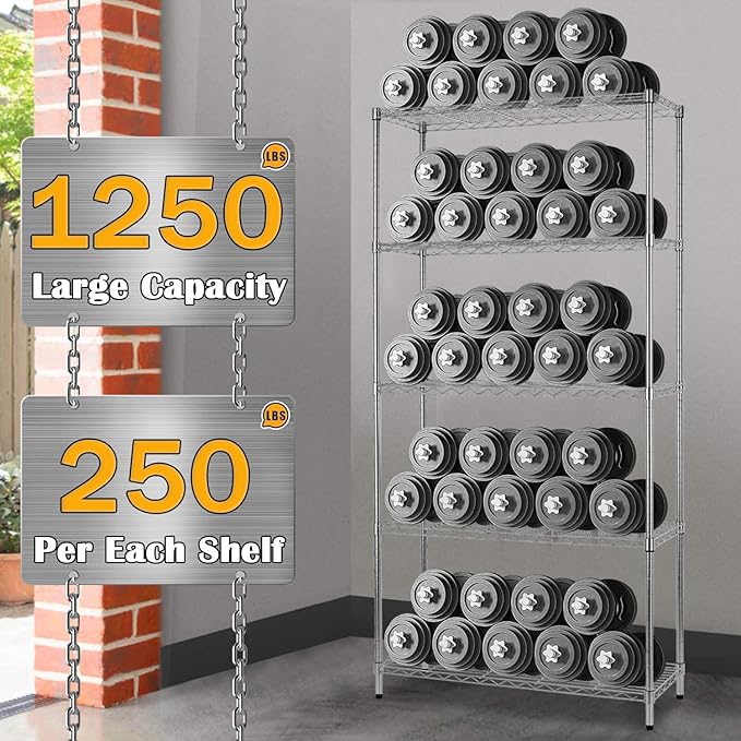 5-Shelf Metal Shelving Adjustable 1250Lbs Capacity, Storage Shelves for Garage Laundry Bathroom Kitchen Pantry Closet, NSF Certified Steel Organizer Wire Rack,Chrome, 72" H x 14" D x36 W