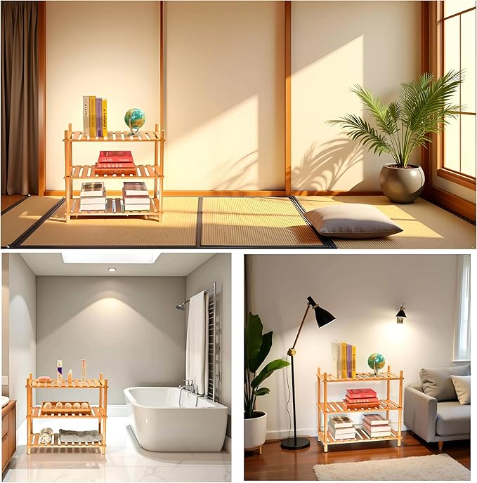 GOGOGO Expandable 3-Tier Bamboo Bathroom Shelf - 150LBS Heavy-Duty, Tool-Free Assembly, Multifunctional Storage for Bathroom/Kitchen/Office Holder Plant Flower Stand- Useful Home & Housewarming Gift