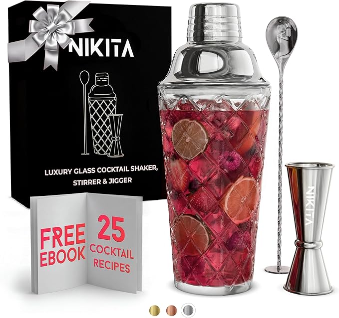 Glass Cocktail Shaker Set - 5 Piece - Silver Martini Shaker Set with Strainer, Jigger, Spoon & Muddler - 16 oz Drink Shakers Cocktail - Ideal Gift for Home Bar & Drink Trolley Décor