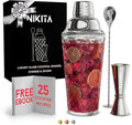 Glass Cocktail Shaker Set - 5 Piece - Silver Martini Shaker Set with Strainer, Jigger, Spoon & Muddler - 16 oz Drink Shakers Cocktail - Ideal Gift for Home Bar & Drink Trolley Décor