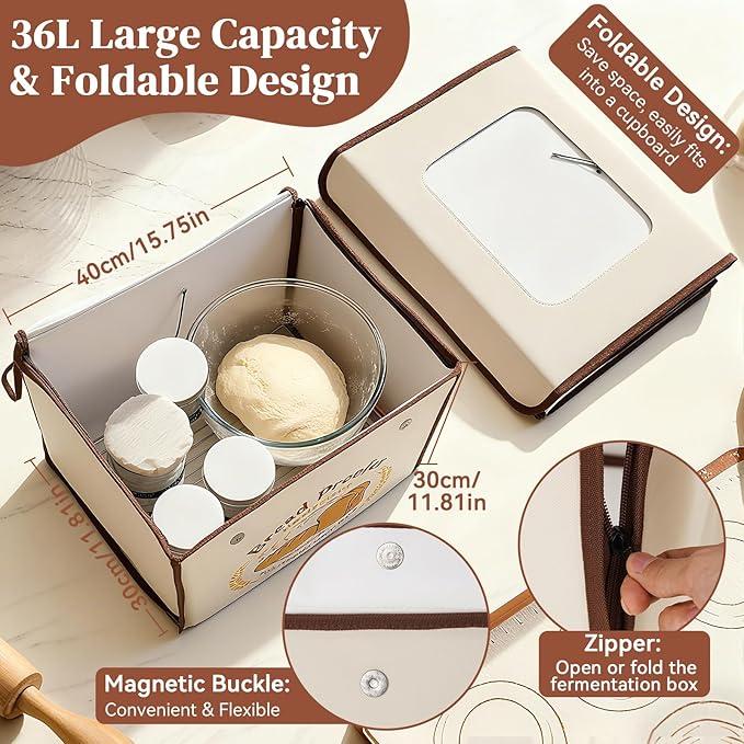 Folding Bread Proofing Box with Temp Control (50-113℉) & 48H Timer, Sourdough Proofer Box with Stainless Steel Rack, Preset Modes Dough Proofer Box for Sourdough, Making Bread, Yogurt, Pizza, Kombucha