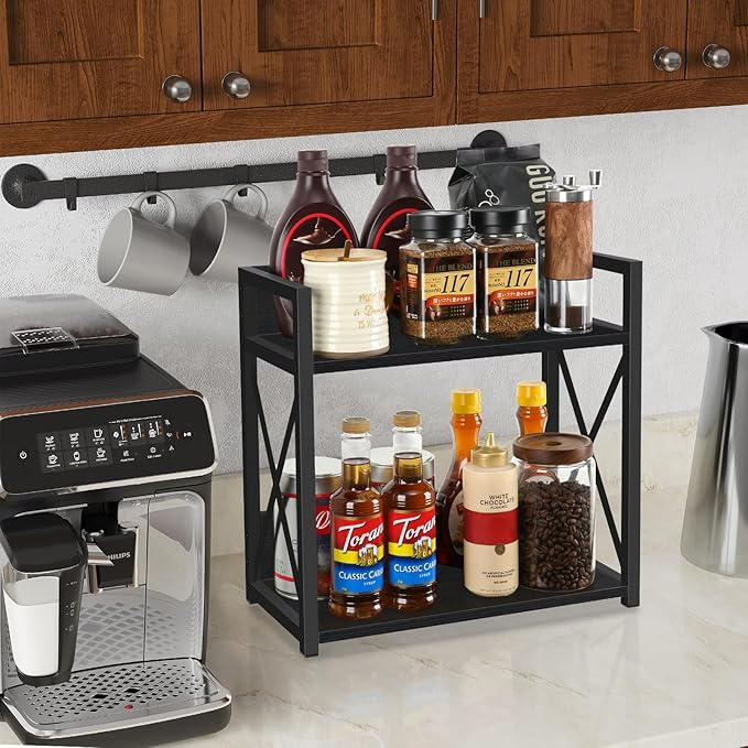 YINMIT Countertop Shelf Organizer,Coffee Bar Accessories,Spice Rack,Coffee Counter Shelf,2 Tier Coffee Organizer Station for Mugs,Cups,Cream,Syrup(Black, Large)
